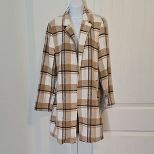 Tan & White Plaid Open-Front Trench Coat